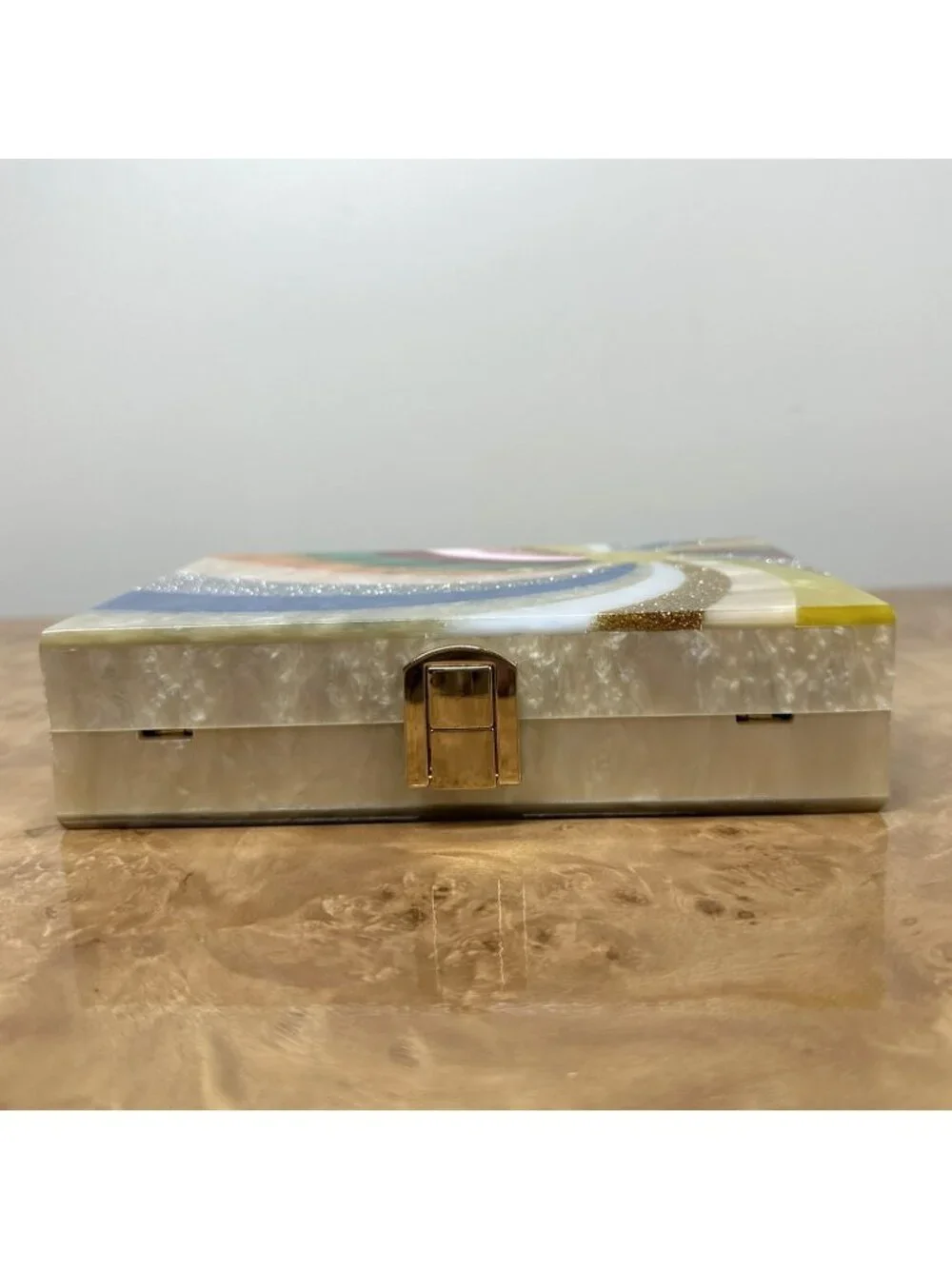 Rainbow Acrylic Box Clutch Multicolor Glitter Swirl Evening Bag Gold Chain